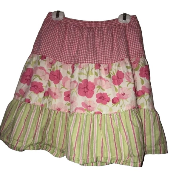Gymboree Girls Pink Green Floral Gingham Stripe Skirt Pull On Sz 7 modest - Picture 1 of 2